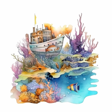 watercolor underwater shipwreck, in a cove , fish coral plant and bubbles, shades of coral turquoise yellow and blue, glamorous, very detailed and realistic, white background with margins, clipart style