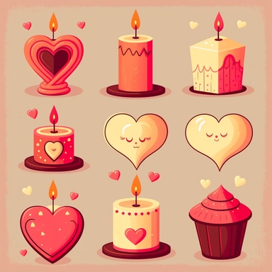 Create a set of playful, cartoon-style clip art images featuring candles with a Valentine's Day theme. The images should have a fun and romantic aesthetic, incorporating elements such as candles in various shapes and sizes, hearts and cupids, or other symbols of love and romance. The images should be depicted in a variety of styles and sizes, with added details such as texture, shading, or other realistic features. The cartoon style should add a fun and playful element. Overall, the images shoul