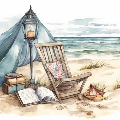 Beach Reading Nook clipart, Coastal Reading Corner, Beach Boho, watercolour style, ocean side
