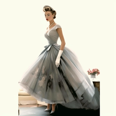 vintage woman walking in beautiful christian dior dress, high fashion, clip art, illustration, watercolour, photorealism, detailed painting, very high quality, hd on white background,