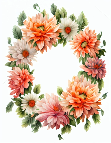 detailed vibrant watercolor attractive peach aster flower wreath with very wide middle white space , isolated on white background, realistic, clipart