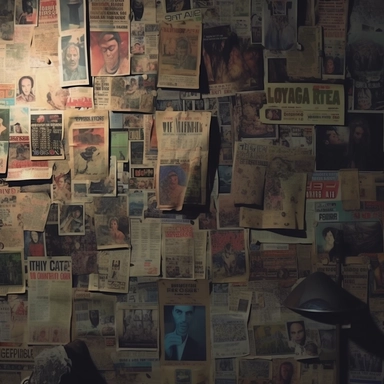 dvd screen grab of a movie, a wall covered in conspiracy theorist newspaper clippings, posters of a retro horror computer game called DRER, nighttime, extra detail, realism, movie-still, photorealistic, 8K