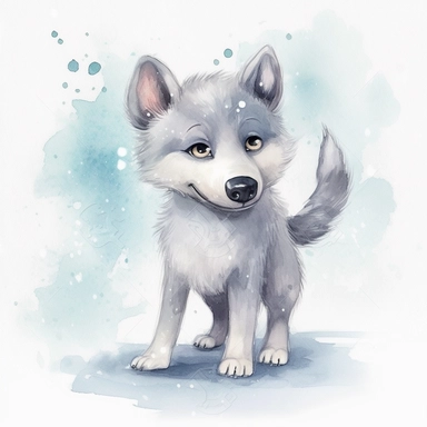 Cute WOLF clipart ,happy expression, standing on the snow in dynamic pose, front side, in the style of watercolor cartoon clipart, kate greenaway style, high resolution, composition free space, pastel color scheme, soft and tender, watercolour clipart, watercolor illlustration for kids and children,isolated white background, clipart most popular on etsy, book illustration, featured on dribble,print on demand image, PNG tranparent background,composition medium shot, no text