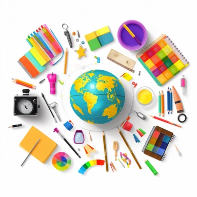 school accessories clipart colorful, teacher Clipart colorful, school clipart colorful, ruler, paper, notebook, book, compass, laptop, blackboard, chalk, eraser, world map, color pencil, calculator, stylus, clips, glue, scissors,, white background, 4k