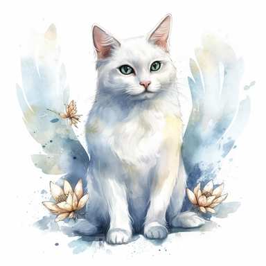 a Angel Cat watercolor Clipart sublimation clipart graphic, full body, clipart, sticker, a single picture, cartoon style, highly detailed, 8k, one image in the frame--no text in the picture--