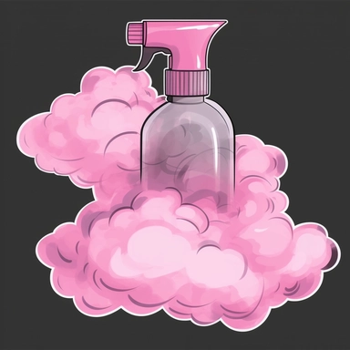 Pink plastic spray bottle close up smoke cloud clipart vector comic book style