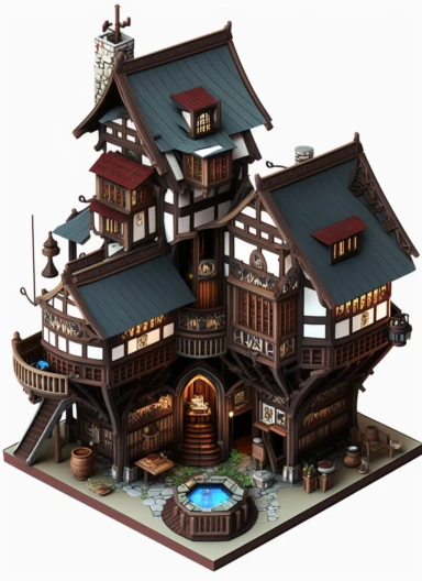 enamel 3D isometric bohemian medieval fantasy steampunk luxurious tavern inn onsen, ukiyo-e clipart illustration, white background