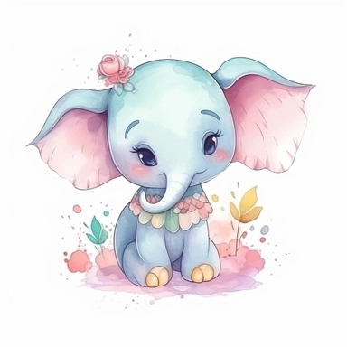 watercolor adorable kawaii elephant character kawaii, isolated, kawaii,digital art,detailed, concept,art,8k,hd,on white background,clipart