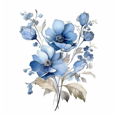 An illustration of blue flower clipart, reminiscent of the delicate and intricate botanical drawings by Beatrix Potter. Exquisite blue blossoms, meticulously rendered with fine details and graceful lines. The flowers exude a sense of elegance and serenity, capturing the beauty of nature. Cool color temperature enhances the calming atmosphere. Soft, diffused lighting adds a touch of softness, highlighting the delicate petals.