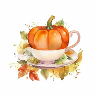 Watercolor Pumpkin Tea Clipart, autumn and fall holiday tea cup, cartoon, super cute, watercolor, on white background