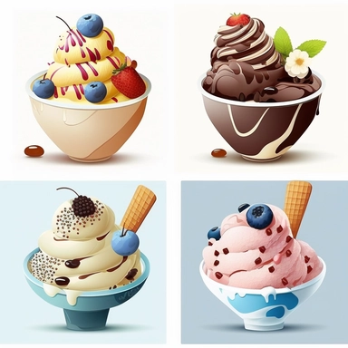 clipart set of ice cream in a cup, eye-catching composition, modern, summer, free brushwork, white background