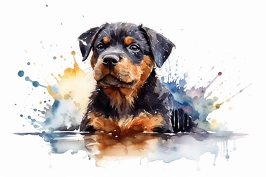 watercolor cute puppy Rottweiler playing in water clipart, hd, on white background, spaced out