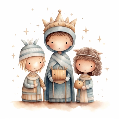 A watercolor painting of a cute nativity, Mary, Joseph, newborn Baby Jesus, 3 wise men and an Angel, nativity scene Christmas, cute detailed digital art, inspired by nicoletta ceccoli, by Kubisi art, whimsical and cute, by nicoletta ceccoli, cute detailed artwork, glimmering, adorable and whimsical, whimsical art, Clipart style, png style, svg style, blank white background, a solid white background
