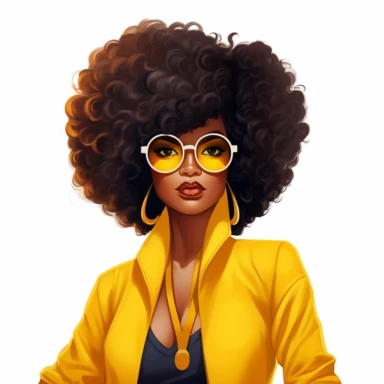 a cartoon boss lady woman with beautiful afro hair, glasses and a yellow jacket, in the style of afro-american influence, realistic color palette, studio portrait, bold curves,, crisp and clean look,, clipart doll style--ar 3