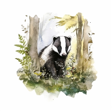 WOODLAND BADGER IN THE WOODS, CLIPART, WATERCOLOUR, WHITE BACKGROUND