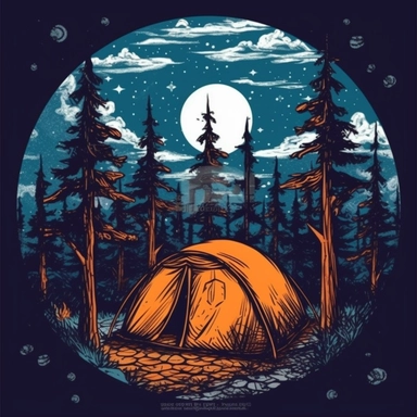 tent in woods, night time, moon, nature, clip art, illustration, clipart, camp fire, in a circle