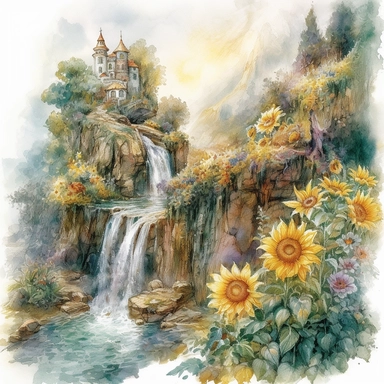 isolated on white illustration watercolor art of a elegant part of waterfall, the landscape from the garden with sunflowers and a road going into the mountains, a lot of sunflowers, masterpiece by Hans Zatzka style and by Josephine Wall style and by Alexander Jansson style and by Ivan Fedorovich Choultse style, Art Nouveau Architecture, PNG clipart, isolated on white, extreme photorealistic details, 32k HD resolution, realistic high detailization high resolution