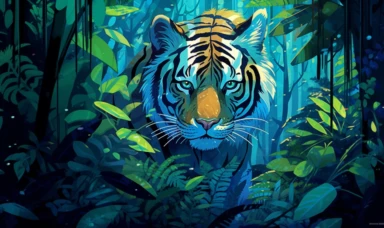 a tiger in jungle trees in an animated clip, in the style of folk-inspired illustrations, dark indigo and green, the center of the picture is Baby blue,interactive exhibits, flat form, 2d game art, children's book illustrations, scientific illustrations, oil painting,