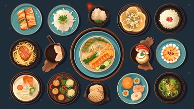 Home Chinese Dishes vector clipart vector Chinese Dishes cute collection, in the style of #screenshotsaturday, flat areas of color, flat color blocks, 1970–present, rough-edged 2d animation, lightbox, colorful animation stills