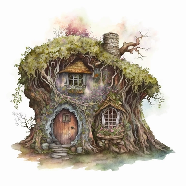 watercolor perfect detailed complicated fairy house clipart with white background realistic colors, white background