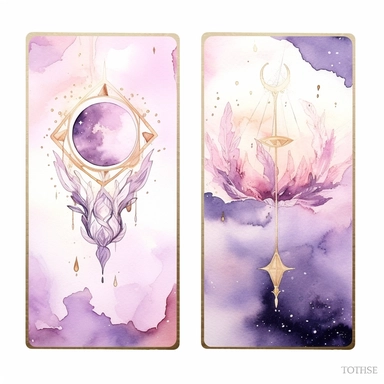 Tarot Cards, in the style of watercolor illustrations, pink and gold, soft lilac, magical and mystical, galaxy elements, modern minimal watercolor, on white background, clipart