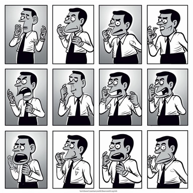 Silent comic strip of one funny businessman, expression sheet, disgusted dismayed ecstatic emotionless empathetic enthusiastic envious excited, new yorker cartoon, Dana Fradon, cynical realism, clipart, minimalist, simple, featured on tumblr, black and white