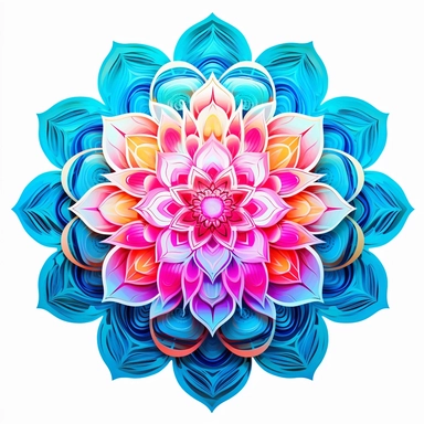 Clipart. White background. Vibrant neon mandalas illuminate the foreground with their intricate and mesmerizing patterns. The bold use of neon colors adds an electrifying energy and modern aesthetic to the traditional art form, symbolizing the dynamic nature of cultural evolution and artistic expression. Delicate lotus flowers, sacred geometric shapes, or subtle references to spiritual concepts enhance the depth and meaning of the artwork, inviting viewers into a meditative and transformative ex
