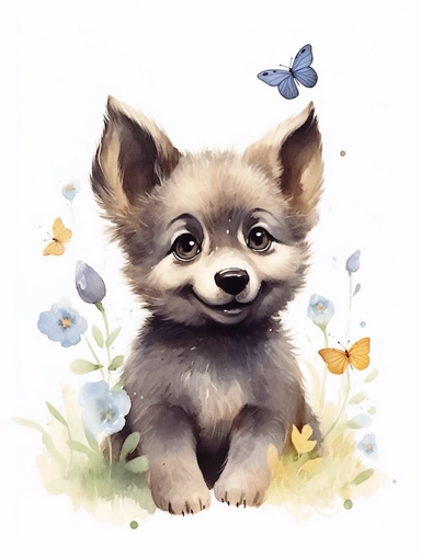 cute happy grey wolf cub with butterfly on the nose, pastel watercolor, clipart, solid background