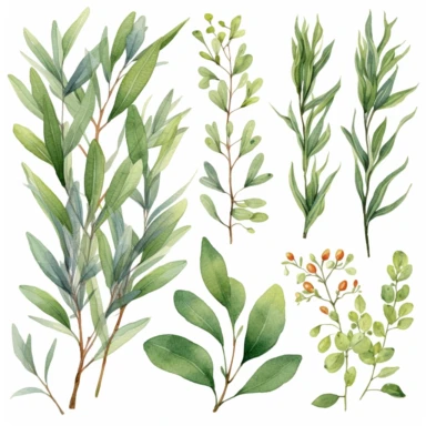 Watercolor Spring Branches Clipart Willow, Laurel, Olive, Eucalyptus Branches , Transparent Background