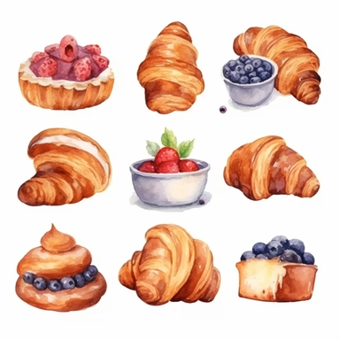 Watercolor Desserts Food Croissant Clipart , minimalist isolated white background, 8k
