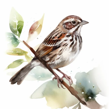 a single watercolor Song Sparrow sitting on a leafy branch clipart, hd, white background, spaced out