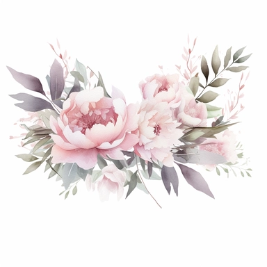 dusty pink peony arrangement watercolor, white simple background, modern STYLE, fairy style, muted color, watercolor touch, A dusty pink and white floral premade border, with elements of leaves, wildflowers and silver dollar leaves,, elegant, light, airy, fresh, classy, modern, minimalist design, no borders, Watercolor Flowers Clipart, airy dreamy pale, horizontal Premade border v 4 ar 19:16