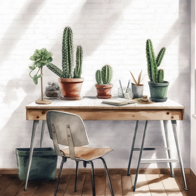 watercolor, hyper realistic, white background, white margins, 16k, ultra detailed clipart, cut out image, hand-drawn A minimalist study area with a small cactus on the desk and a larger potted plant on the floor, against a white brick wall.