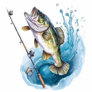 fishing rod And Bass Fish Watercolor Sublimation Clipart,Cartoon,hyper realistic, intricate detail, illustration style,high solution,on the white background