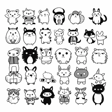 childrens coloring book, white background, thick lines, minimalistic, black and white, clipart character sheet, happy animals wearing clothes