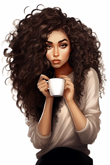 Beautiful boss lady style black woman long hair drinking coffee glitter cup clipart high detail,