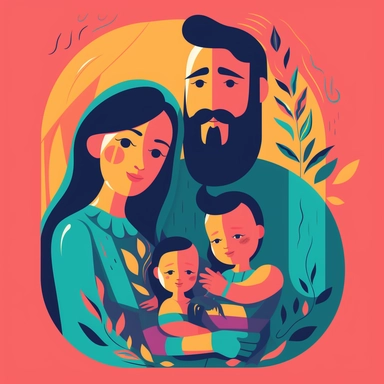 solid colours modern flat illustration, a family portrait of father and mother holding a baby in the arm. vibrant colours, vector, clipart