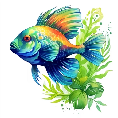 A fantasy style neon colored over realistic skate type fish under the deep sea with watercolor effect, neon colored sea plants,suitable for digital clipart,white background Clipart ,Cartoon,hyper realistic, intricate detail, illustration style,high solution,on the white background