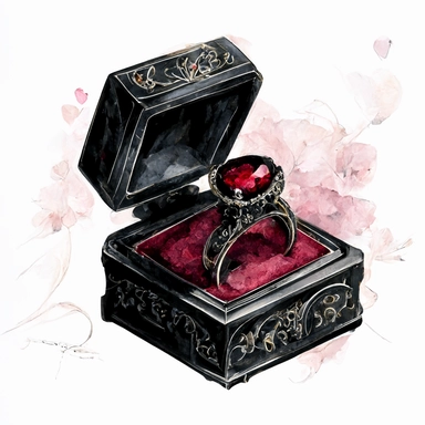 gothic engagement ring black velvet box with very expensive ruby ring ? ? ? ??? valentines day elegant romantic high detailed photorealistic watercolor and ink clipart on a white background anime detailed textures