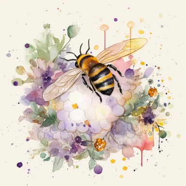 Watercolor illustration of a bee hive, a flying bee, add lavender and pink flowers with green leaves, add yellow and gold watercolor splash in the background, hd, white background, clipart--ar3.2--s1000