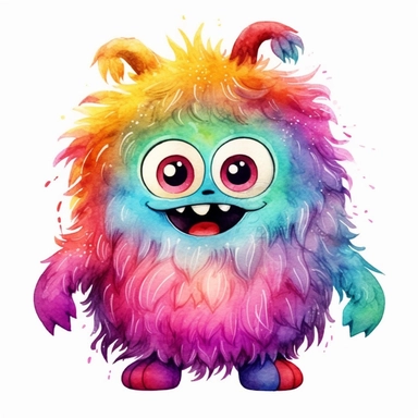 whimsical kawaii chibi fluffy colorful monster with big eyes, big teeth cartoon clipart on white background with margins, watercolor, icon, sticker, vivid colors, full colors, and details, 32k, 3d