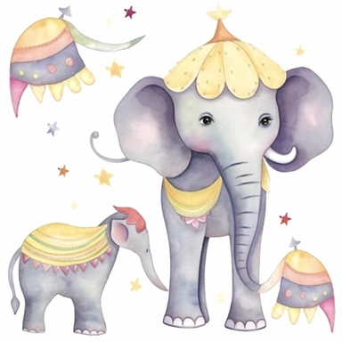 One cute decorated circus elephant clipart, style as seen on Etsy. Cartoonish appearance with exaggerated body proportions, but atomically correct limb positions and number. Perfect for decorating a baby's nursery. Varied bright pastel watercolors, loose,
