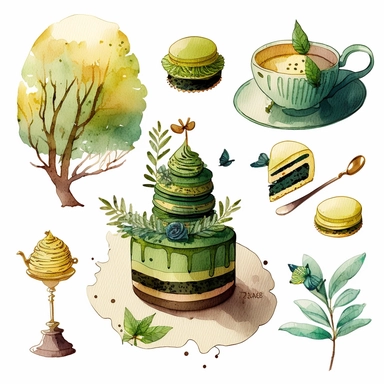 Draw a set of cartoon - style watercolor illustrations of a forest - themed afternoon tea in shades of green and yellow. The images should have a elegant, refined, and sweet aesthetic, incorporating elements such as plant - scented desserts, teas, and other culinary items such as macarons, scones, and a teapot. Individual images cliparts