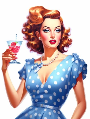 Portrait of a stunning housewife drinking cocktail against white background, in the style of vintage-inspired pin-ups, realistic figures, polka dot madness, neon indigo and blue , against white background clipart png