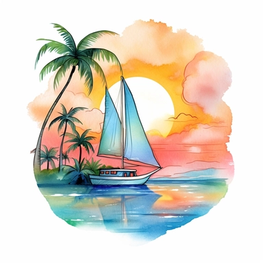 A sailboat watercolor nautical clipart in the summer adventure in floating at the beach with palm trees and a beach shore tropical sunset ambience