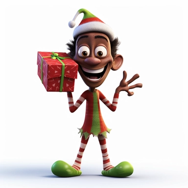 clipart of a crazy dark skinned christmas elf standing on a christmas present, there is a funny face on it, cartoon, for kids, funny, pixar, 8k, white background, sharp focus, detailed,