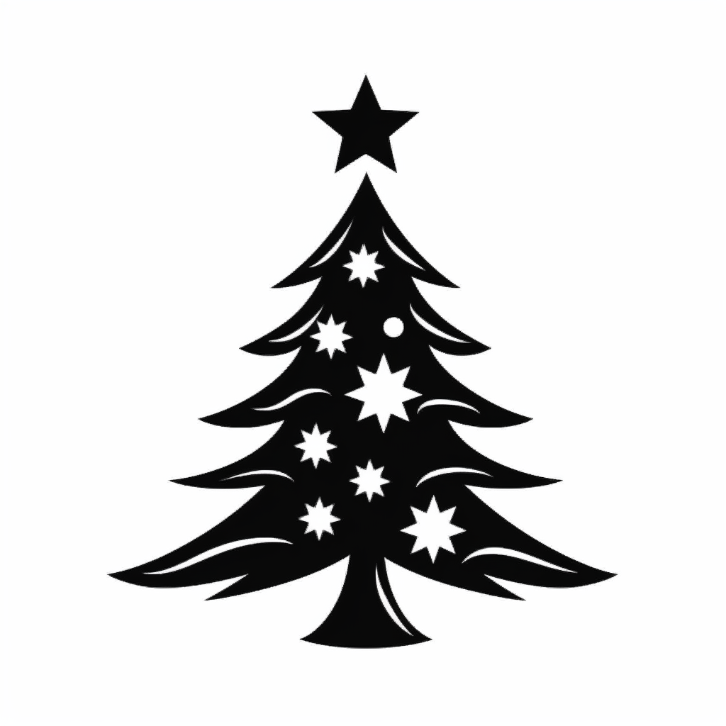 black and white silhouette of a christmas tree, clipart style, white ...