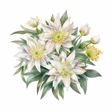 Edelweiss Bouquet Beautiful Realistic Creative. Emotional. Detailed, cartoon clipart watercolor. Artistic Creative Clipart. Isolated white background. Charming