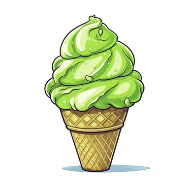 lime GREEN ice cream in a cone, marshmallow on top, clipart, clean lines, white background