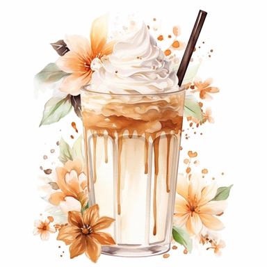 flower coffee milkshake,clipart on a white background, an illustration of by Annabel Kidston, shutterstock contest winner, generative art, detailed painting, digital illustration, intricate in details,photoillustration isolated on white background, digital watercolor,